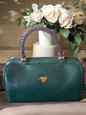 EUC FONTANELLI Made in Italy Vintage Green Pebble Leather Gold Hardware Handbag